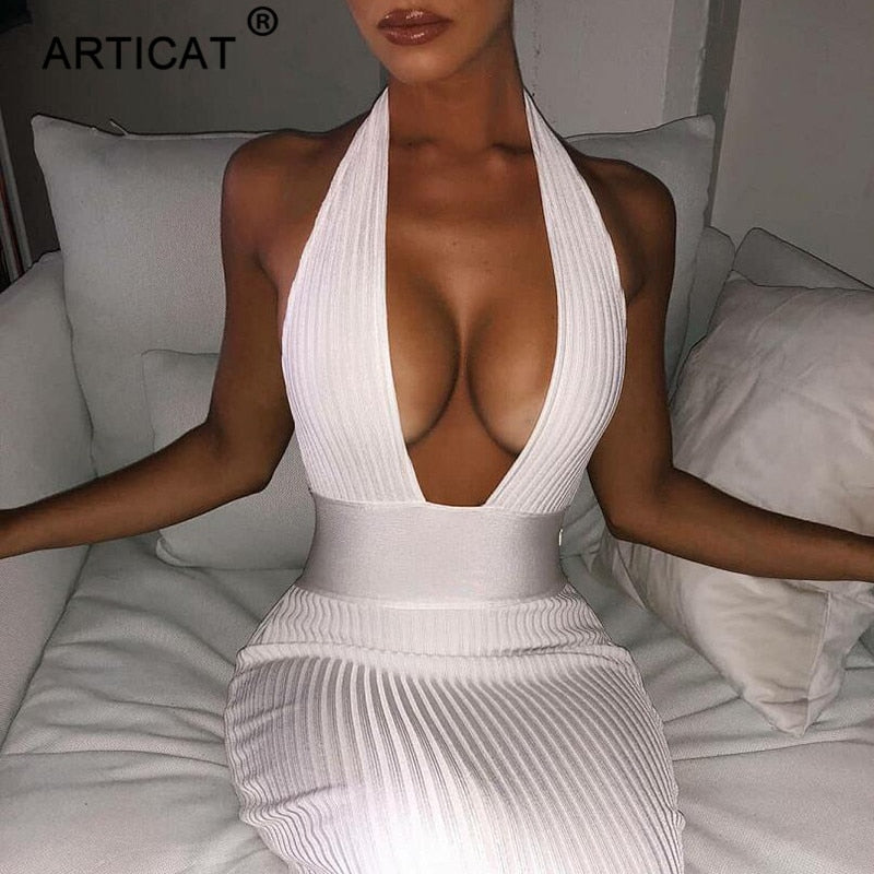 Halter Backless Sexy Knitted Pencil Dress White Off Shoulder